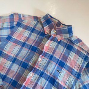 Vineyard Vines Slim Fit Tucker Blue Pink Plaid Men's XS Long Sleeve Button Shirt